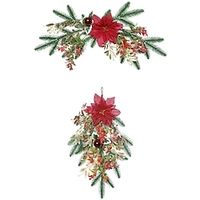 Artificial Christmas Swag, Red Berries Decoration Swag with Poinsettia Flower, Green Pine Christmas Hanging Ornament for Wall Front Door Festival Decor miniinthebox - thumbnail