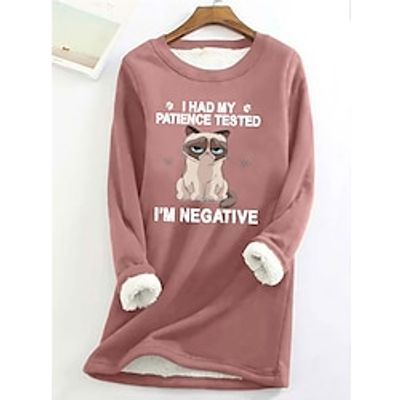 Women's Sweatshirt Pullover Fleece Lined Cat Letter Teddy Funny Fuzzy Print Black Pink Dark Pink Casual Sports Round Neck Long Sleeve Top Micro-elastic Fall  Winter Lightinthebox