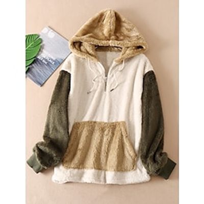 Women's Hoodie Sweatshirt Pullover Fleece Flannel Color Block Warm Teddy Fuzzy Drawstring Front Pocket Quarter Zip White Casual Sports Hooded Long Sleeve Top Micro-elastic Fall  Winter Lightinthebox