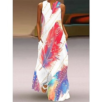Women's Long Dress Maxi Dress Casual Dress A Line Dress Print Dress Feather Romantic Modern Holiday Weekend Pocket Print Sleeveless V Neck Dress Loose Fit Red Blue Purple Summer Spring S M L XL XXL Lightinthebox