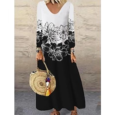 Women's Casual Dress Shift Dress Long Dress Maxi Dress Blue White Long Sleeve Floral Print Winter Fall Autumn V Neck Winter Dress Weekend Fall Dress 2022 XS S M L XL 2XL 3XL 4XL 5XL 6XL Lightinthebox
