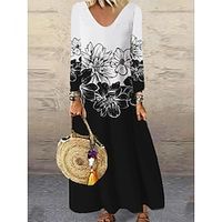 Women's Casual Dress Shift Dress Long Dress Maxi Dress Blue White Long Sleeve Floral Print Winter Fall Autumn V Neck Winter Dress Weekend Fall Dress 2022 XS S M L XL 2XL 3XL 4XL 5XL 6XL Lightinthebox - thumbnail