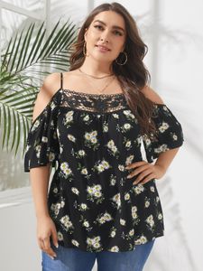 YOINS Plus Size Cold Shoulder Floral Print Lace Patchwork Half Sleeves Blouse