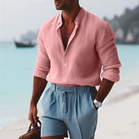 Men's Shirt Linen Shirt Button Up Shirt Summer Shirt Beach Shirt Pink Long Sleeve Plain Collar Spring Summer Casual Daily Clothing Apparel Lightinthebox