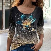 Women's T shirt Tee Black Floral Print Long Sleeve Daily Weekend Fashion Round Neck Regular Fit Painting Spring   Fall miniinthebox - thumbnail