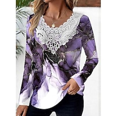 Women's Shirt Blouse Graphic Abstract Pink Navy Blue Blue Print Lace Patchwork Long Sleeve Casual Fashion Round Neck Regular Fit Spring   Fall Lightinthebox