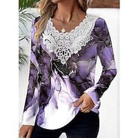 Women's Shirt Blouse Graphic Abstract Pink Navy Blue Blue Print Lace Patchwork Long Sleeve Casual Fashion Round Neck Regular Fit Spring   Fall Lightinthebox - thumbnail