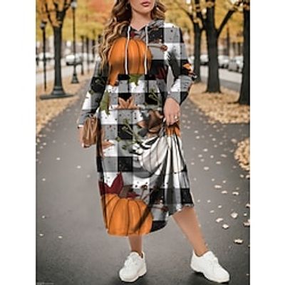 Women's Thanksgiving Day Plus Size Curve Hoodie Dress Casual Dress Winter Dress Plaid Pumpkin Long Dress Maxi Dress Long Sleeve Pocket Print Hooded Fashion Outdoor Orange Fall Winter L XL XXL 3XL 4XL Lightinthebox