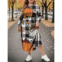 Women's Thanksgiving Day Plus Size Curve Hoodie Dress Casual Dress Winter Dress Plaid Pumpkin Long Dress Maxi Dress Long Sleeve Pocket Print Hooded Fashion Outdoor Orange Fall Winter L XL XXL 3XL 4XL Lightinthebox - thumbnail