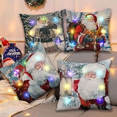 Christmas LED Lights Throw Pillow Cover 4PC Santa Claus Soft Decorative Square Cushion Pillowcase for Bedroom Livingroom Sofa Couch Chair Superior Quality miniinthebox