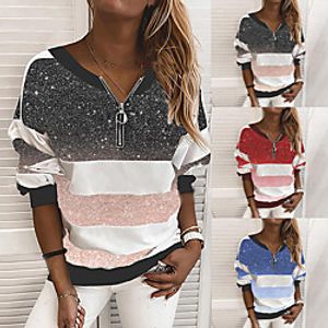 Women's Zip Up Sweatshirt Color Block Zipper Patchwork Print V Neck Sports  Outdoor Casual Daily Hot Stamping Sportswear Streetwear Hoodies Sweatshirts  Blue Black Red / Work miniinthebox