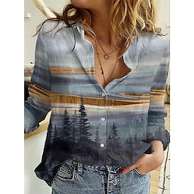 Women's Shirt Blouse Gray Scenery 3D Button Print Long Sleeve Holiday Weekend Streetwear Casual Shirt Collar Regular 3D Printed S miniinthebox
