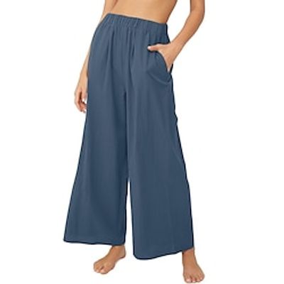 Women's Wide Leg Pants Trousers Linen Cotton Blend Plain Side Pockets Wide Leg Full Length Casual Daily Going out Weekend Black White S M Spring  Summer Lightinthebox