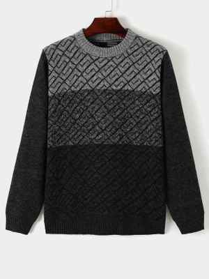 Men Casual Comfortable Color Block Round Neck Knit Sweater