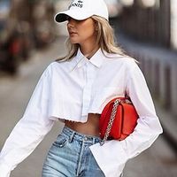 Shirt Blouse Women's Black White Solid Color Button Crop Top Street Daily Fashion Shirt Collar S Lightinthebox - thumbnail
