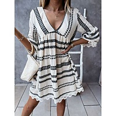 Women's Swing Dress Short Mini Dress Black Brown Long Sleeve Stripes Spring Summer Casual / Daily 2021 S M L XL XXL XXXL miniinthebox