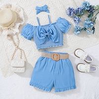 2 Pieces Kids Girls' Solid Color Off Shoulder Tank Top Shorts Set Set Short Sleeve Fashion School 7-13 Years Summer Sky Blue Lightinthebox