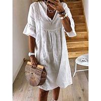 Women's Cotton Linen Blend V Neck Eyelet Mini Dress Half Sleeve Summer Spring White Yellow Navy Lightinthebox