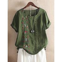 Women's Shirt Blouse Cotton Floral Daily Vacation Embroidered Green Short Sleeve Casual Crew Neck Summer Lightinthebox