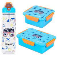 Eazy Kids Lunch Box Set And Tritan Water Bottle With 2In1 Drinking Flip Lid And Sipper Jawsome - Blue