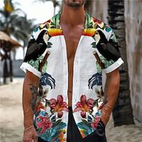 Tropical Parrot Men's Resort Hawaiian 3D Printed Shirt Outdoor Vacation Beach Summer Turndown Short Sleeve White Blue Green S M L Slub Fabric Shirt Lightinthebox