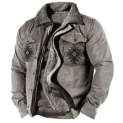 Tribal Geometry Bandana Print Vintage Tribal Men's Sherpa Jacket Coat Sports  Outdoor Daily Wear Going out Fall  Winter Turndown Long Sleeve khaki Gray S M L Polyester Jacket Lightinthebox