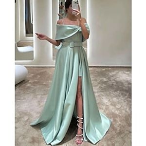 A-Line Evening Gown Elegant Dress Formal Floor Length Sleeveless Off Shoulder Satin with Crystals Slit Strappy Lightinthebox