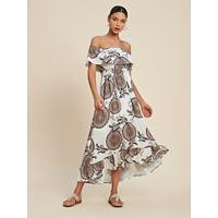 Satin Paisley Pattern Off Shoulder Midi Dress