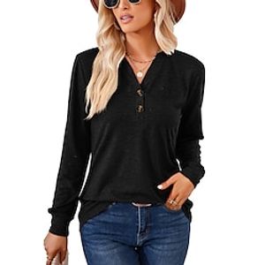 Women's Shirt Blouse Plain Black White Pink Button Long Sleeve Casual Fashion V Neck Regular Fit Fall  Winter Lightinthebox