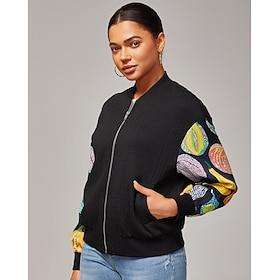 Women's Bomber Jacket Casual Street Patchwork Pumpkin Print Micro - elastic Textured Fabric Black Polyester Elastane