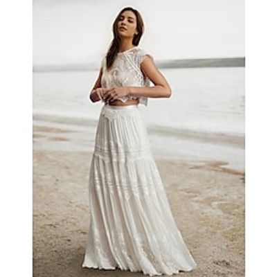 Beach Little White Dresses Boho Wedding Dresses A-Line Separates Sleeveless Sweep / Brush Train Chiffon Bridal Gowns With Appliques 2024 Lightinthebox