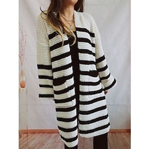 Women's Cardigan Sweater Jacket V Neck Chunky Knit Polyester Pocket Knitted Spring Fall Winter Long Work Daily Fashion Daily Long Sleeve Striped Beige Coffee S M L miniinthebox