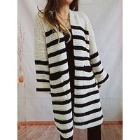 Women's Cardigan Sweater Jacket V Neck Chunky Knit Polyester Pocket Knitted Spring Fall Winter Long Work Daily Fashion Daily Long Sleeve Striped Beige Coffee S M L miniinthebox - thumbnail