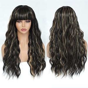 Long Wavy Wig with Bangs Highlight Honey Blonde Ocean Wavy Synthetic Bang wig Full Machine Wig with Bangs Cosplay Party Bang Wig for Women Beginner Friendly No Glue miniinthebox