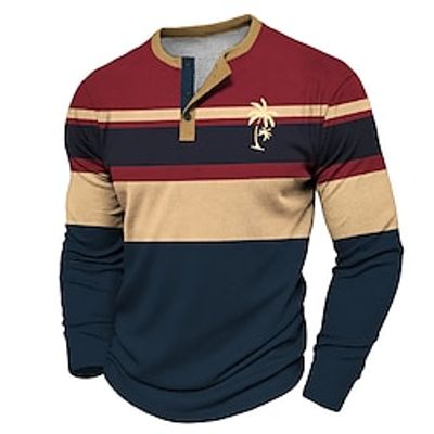 Coconut Palm Men's Athleisure Style 3D Printed Waffle Henley T Shirt Sports Outdoor Holiday Festival T shirt Red Green Dark Blue Long Sleeve Henley Shirt Spring   Fall Clothing Lightinthebox