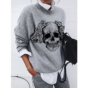 Women's Pullover Sweater Jumper Jumper Ribbed Knit Print Skeleton Shirt Collar Casual Soft Halloween Daily Drop Shoulder Fall Winter Gray S M L miniinthebox