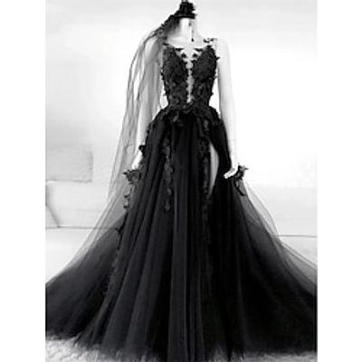 A-Line Evening Gown Elegant Dress Formal Court Train Black Dress Sleeveless Illusion Neck Tulle with Pleats Slit Appliques 2023 Lightinthebox