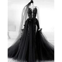 A-Line Evening Gown Elegant Dress Formal Court Train Black Dress Sleeveless Illusion Neck Tulle with Pleats Slit Appliques 2023 Lightinthebox - thumbnail