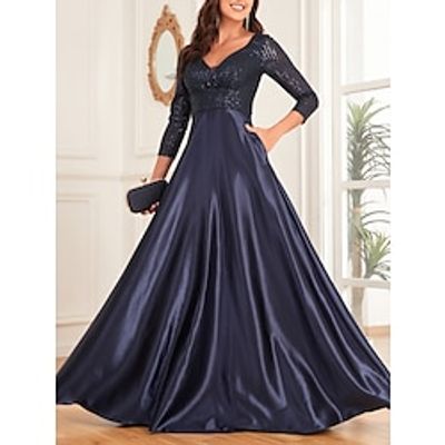 A-Line Mother of the Bride Dress Wedding Guest Elegant V Neck Floor Length Satin 34 Length Sleeve with Sequin Ruching 2023 Lightinthebox