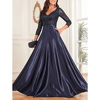 A-Line Mother of the Bride Dress Wedding Guest Elegant V Neck Floor Length Satin 34 Length Sleeve with Sequin Ruching 2023 Lightinthebox - thumbnail