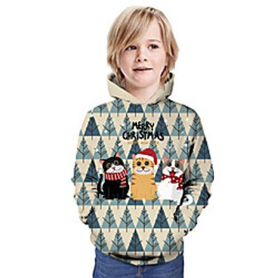 Kids Boys' Hoodie  Sweatshirt Long Sleeve Cat Graphic Animal Unisex Print Khaki Children Tops Summer Active Christmas Regular Fit 3-13 Years Lightinthebox