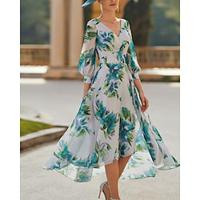 A-Line Mother of the Bride Dress Formal Wedding Guest Elegant V Neck Tea Length Chiffon Polyester 3/4 Length Sleeve with Flower blue wedding guest dress 2024 Lightinthebox