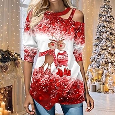 Women's Blouse Christmas Shirt Red Snowflake Deer Cut Out Asymmetric Print Long Sleeve Christmas Casual Festival / Holiday Round Neck Regular Fit Spring Fall miniinthebox Women's Blouse Christmas Shirt Red Snowflake Deer Cut Out Asymmetric Print Long Sleeve Christmas Casual Festival / Holiday Round Neck Regular Fit Spring Fall miniinthebox