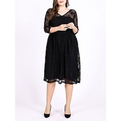 Women's Plus Size Curve Black Dress Party Dress Lace Dress Solid Color Midi Dress 34 Length Sleeve Lace V Neck Elegant Party Black Spring XL 2XL 3XL 4XL 5XL Lightinthebox