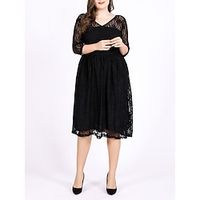 Women's Plus Size Curve Black Dress Party Dress Lace Dress Solid Color Midi Dress 34 Length Sleeve Lace V Neck Elegant Party Black Spring XL 2XL 3XL 4XL 5XL Lightinthebox - thumbnail