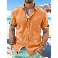 Men's Shirt Linen Shirt Summer Shirt Beach Shirt Summer Hawaiian Shirt Black Navy Blue Orange Short Sleeve Solid Color Fold-over Collar Spring Summer Street Daily Clothing Apparel Patchwork Lightinthebox