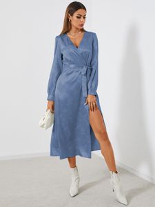 YOINS Deep V-neck Jacquard Wrap design Satin Maxi Dress