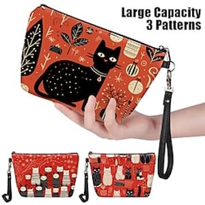 Women's Pen Bag Cosmetic Bag PU Leather Outdoor Christmas Daily Zipper Print Large Capacity Waterproof Lightweight Cat Character Black / Red Light Red Red miniinthebox