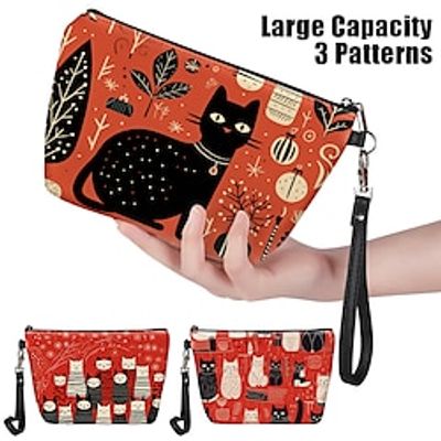 Women's Pen Bag Cosmetic Bag PU Leather Outdoor Christmas Daily Zipper Print Large Capacity Waterproof Lightweight Cat Character Black / Red Light Red Red miniinthebox