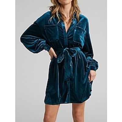 Women's Velvet Dress Party Dress Cocktail Dress Mini Dress Blue Purple Brown Long Sleeve Plain Ruched Spring Fall Winter Shirt Collar Elegant Winter Dress Wedding Guest Vacation S M L XL Lightinthebox